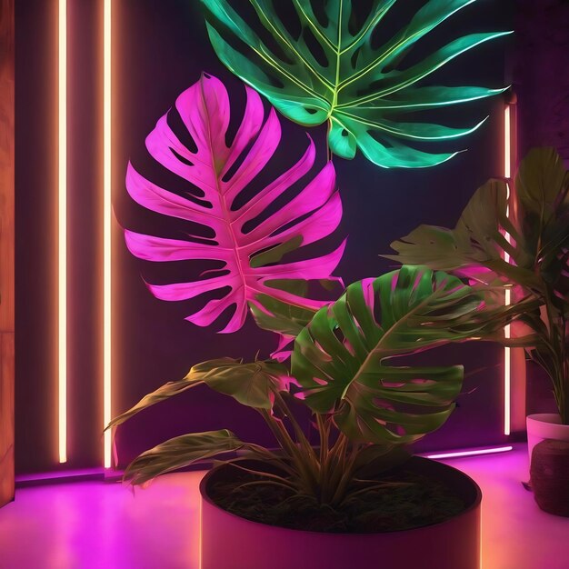 Photo glowing neon light with tropical monstera leaf d render