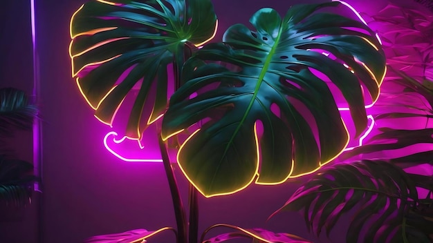 Glowing neon light with tropical monstera leaf d render