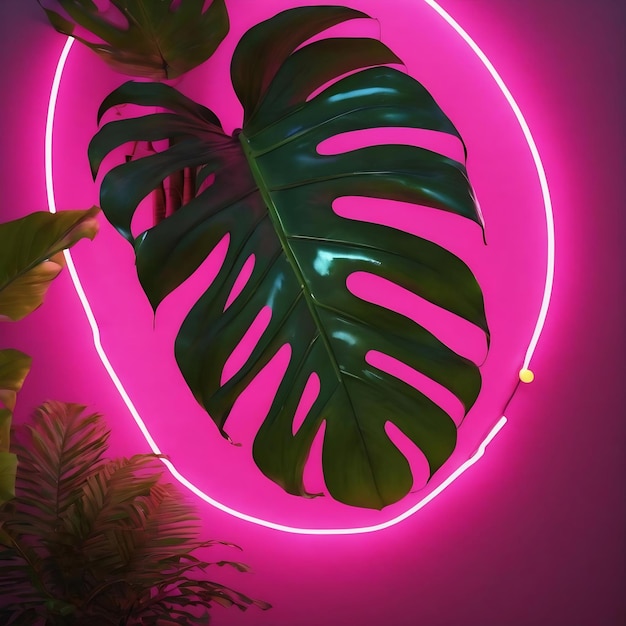 Luce al neon incandescente con foglia di monstera tropicale