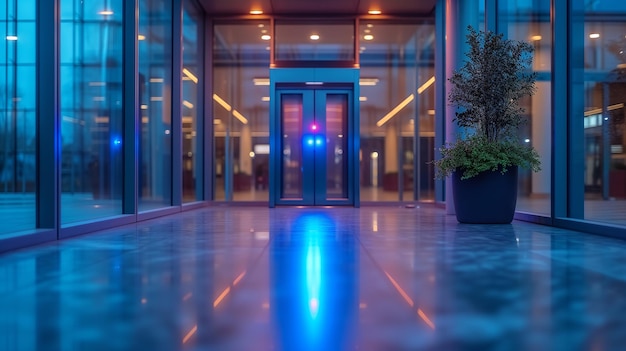 Glowing neon lights beckon visitors into the building promising modern experience