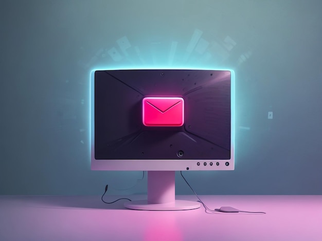 Glowing neon line Pc screen with envelope and open email on screen icon isolated on black background