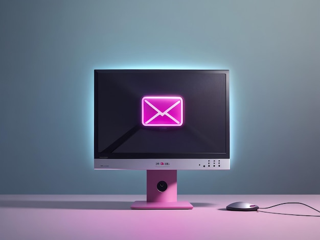 Glowing neon line pc screen with envelope and open email on screen icon isolated on black background