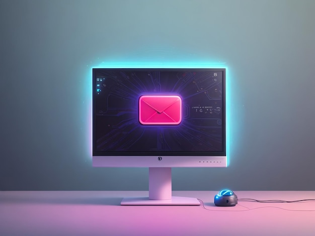 Glowing neon line Pc screen with envelope and open email on screen icon isolated on black background