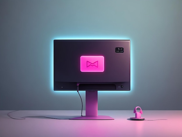 Glowing neon line Pc screen with envelope and open email on screen icon isolated on black background