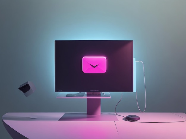 Glowing neon line Pc screen with envelope and open email on screen icon isolated on black background