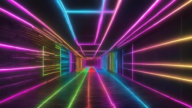 輝くネオン線はトンネルの多色スペクトルを作成します