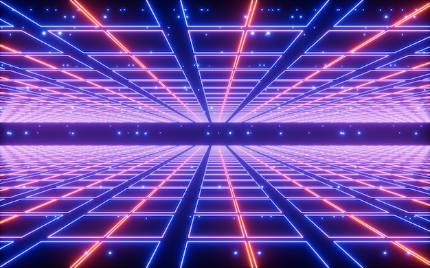 Glowing neon lines and gridding neon background 3d rendering