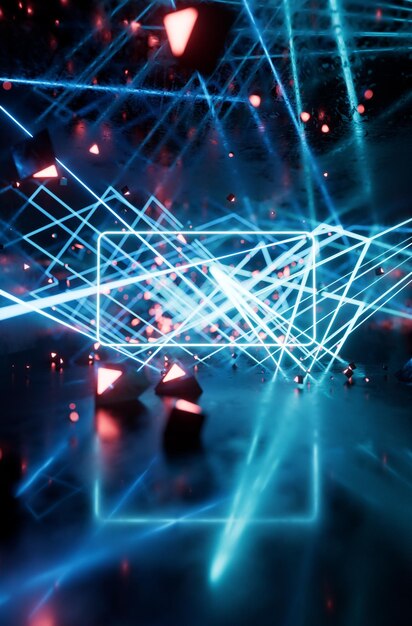 Glowing neon lines tunnel 3d rendering