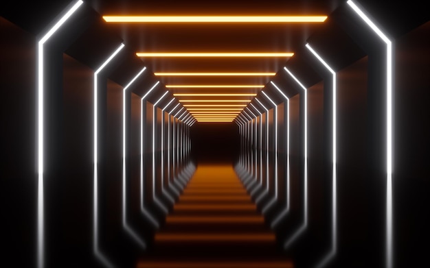 Glowing neon lines and tunnel 3d rendering