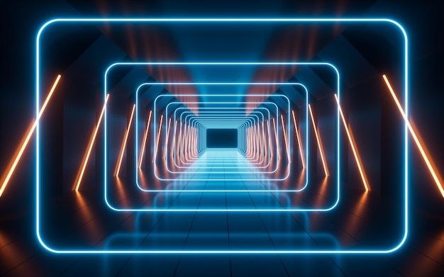 Glowing neon lines and tunnel 3d rendering