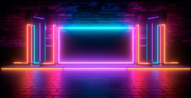 Glowing neon lines tunnel neon lights virtual reality abstract background portal arch laser show AI generated image