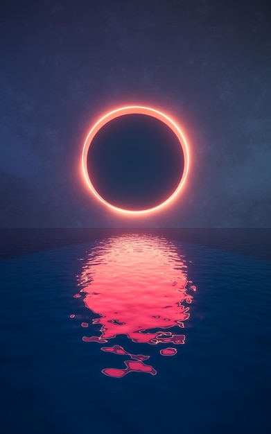 glowing neon lines with water surface 3d rendering digital drawing