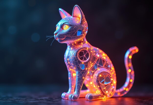 A glowing neon lit cat figurine with a futuristic design Premium AI generated image