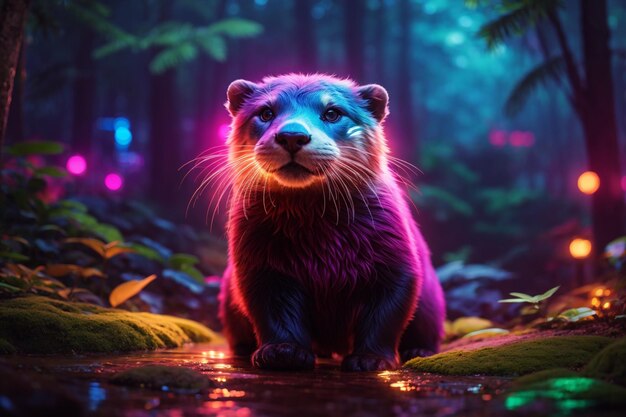 a glowing neon otter standing in forest