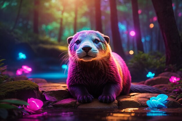 Photo a glowing neon otter standing in forest