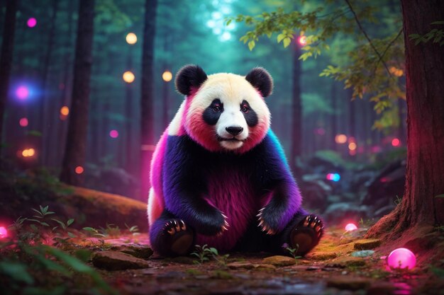 a glowing neon panda standing in forest