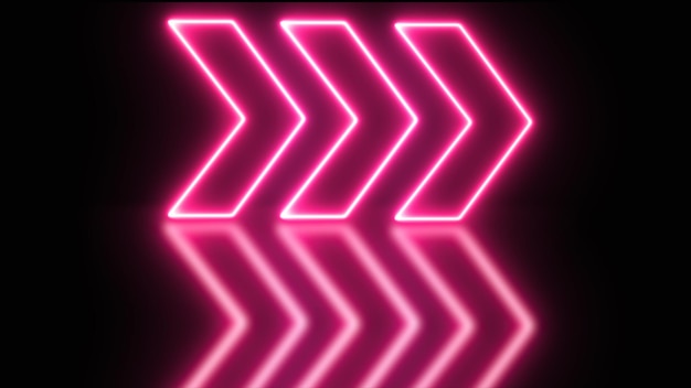Glowing neon pijl op zwarte achtergrond met schaduwen Roze neon pijlen op een zwarte achtergrund 3D rendering