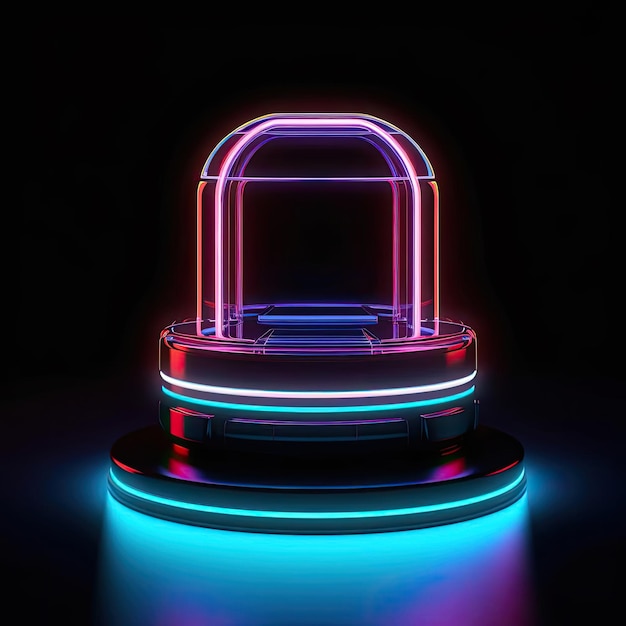 Glowing neon podium on a black background 3D illustration