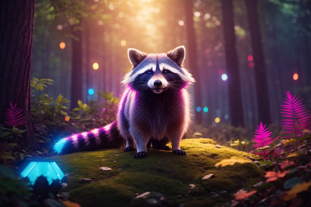 Photo a glowing neon raccoon standing in forest