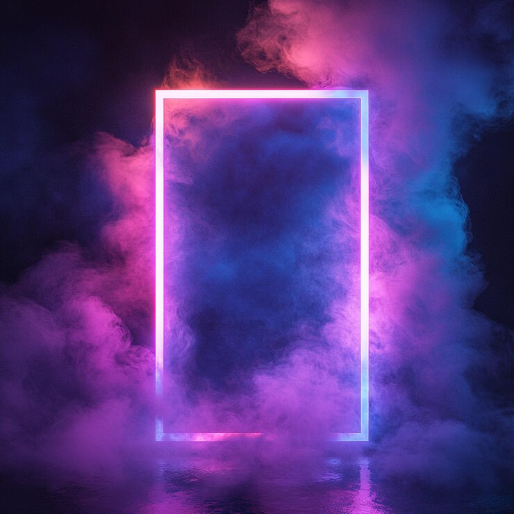 Photo glowing neon rectangle amidst swirling smoke soft reflections purple and blue lighting