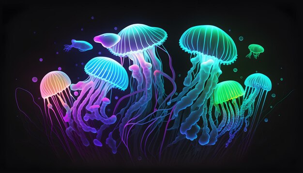 Glowing neon sea jellyfishes on dark background generative ai