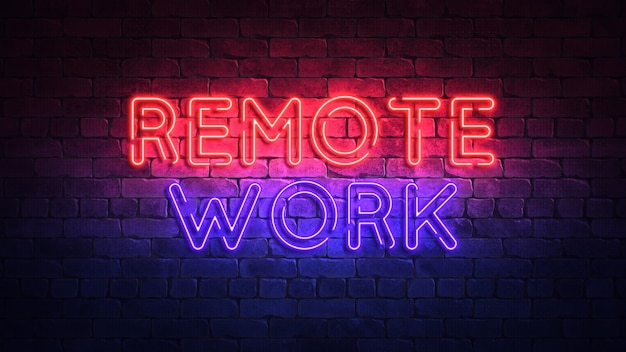 Glowing neon sign with the words REMOTE WORK