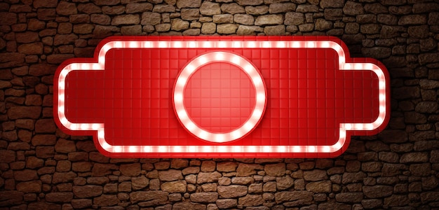 Photo glowing neon square frame in retro style brick wall background billboard sign long billboard blank