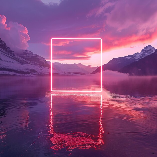 Photo glowing neon square on a serene mountain lake at sunset