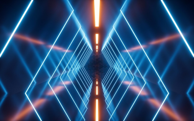 Glowing neon tunnel Abstract neon lines science fiction background 3d rendering