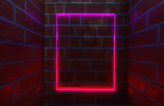 Foto glowing neon vervorming frame op baksteen muur achtergrond laser glitch paars 3d render banner gloed