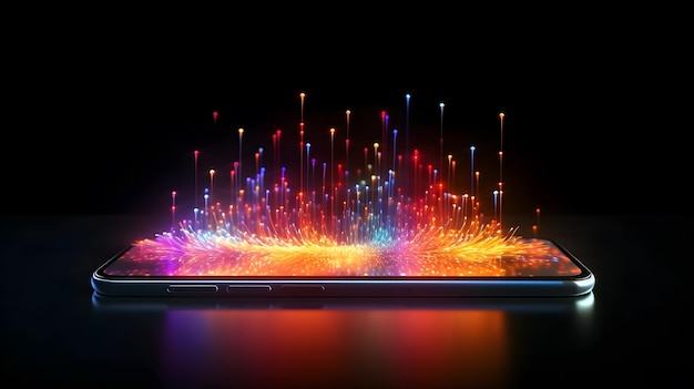 Светящаяся неоновая волна и линия в 3d на смартфоне Футуристические технологии и инновационный фон Генеративный ИИ