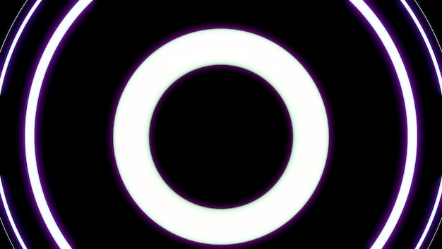 Glowing neon white and lilac circle frames moving backwards in the endless tunnel on black