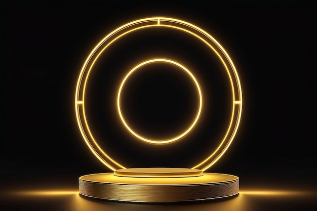 Glowing neon yellow circle with sparkles on golden podium