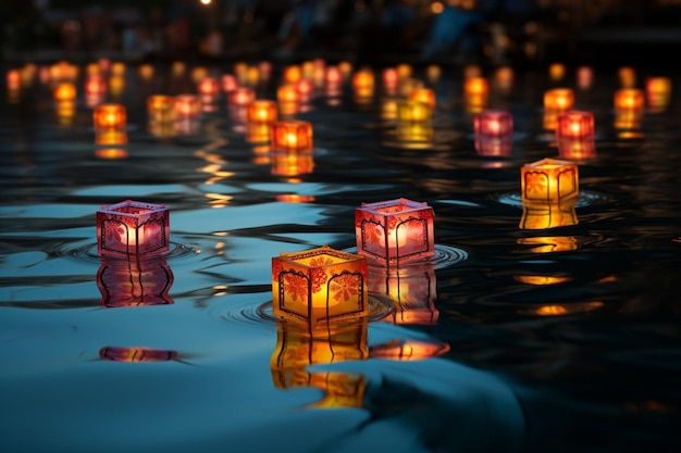 Светящиеся новогодние фонари, плавающие на воде
