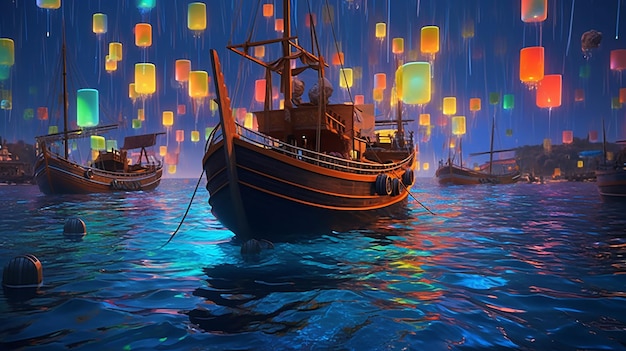 Glowing Ocean Scene with Colored Boats and Pearls