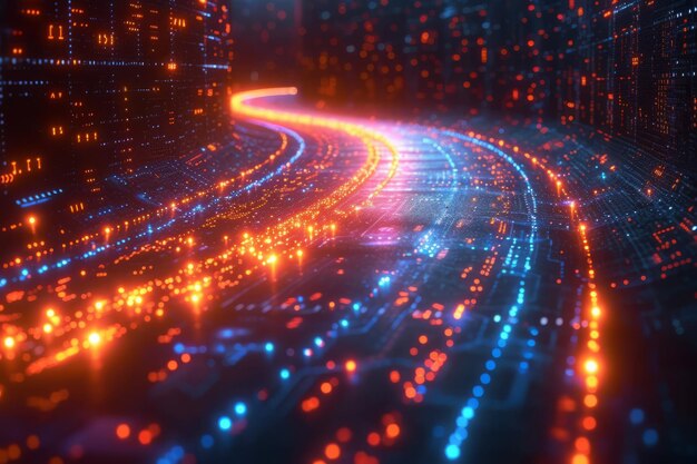 Glowing orange and blue particle data forms a winding road through a dark digital landscape