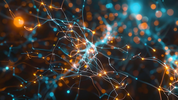 Glowing orange and blue plexus Abstract technology and science background