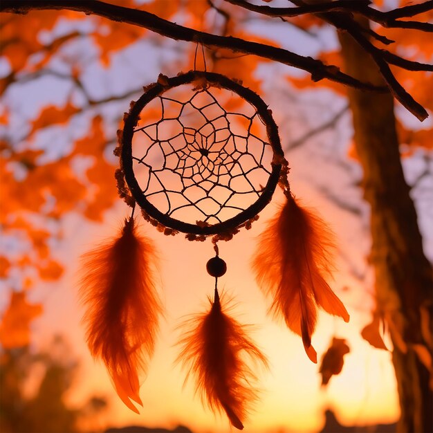 Photo a glowing orange dream catcher is nestled in a diaroma pumpkin with a backdrop of eerie trees