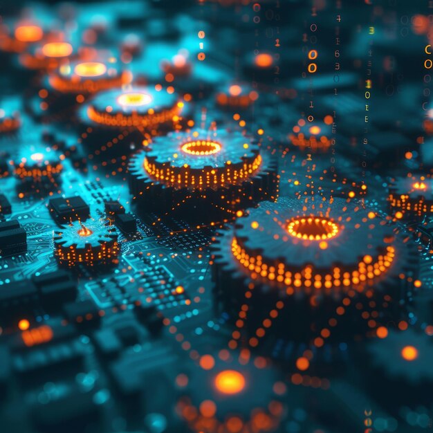 Glowing orange gears on a blue circuit board with binary code