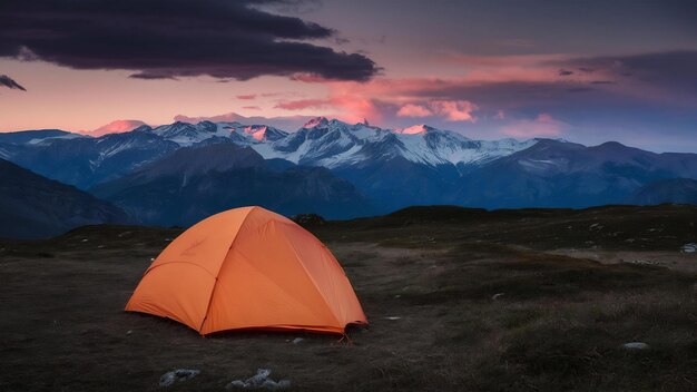 극적인 저녁 하늘 아래 산에서 반이는 오렌지색 텐트