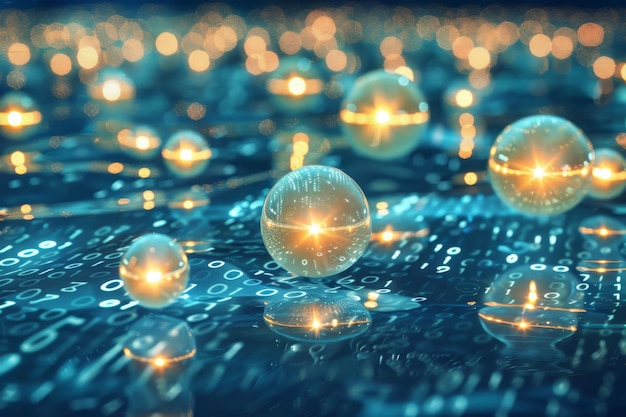 在電腦顯示器上顯示在二進制代碼中間的發光球體 在二进制代碼的海中漂浮的发光球體