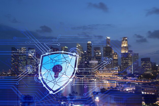 Glowing padlock hologram night panoramic city view of Singapore Asia The concept of cyber security to protect companies Double exposure