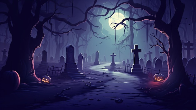 Glowing pathway through a foggy graveyard adorned with spooky tombstones Halloween flyers and posters backdrop