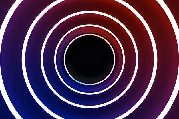 Glowing pink and blue neon lighting ellipse on black background3D illustration