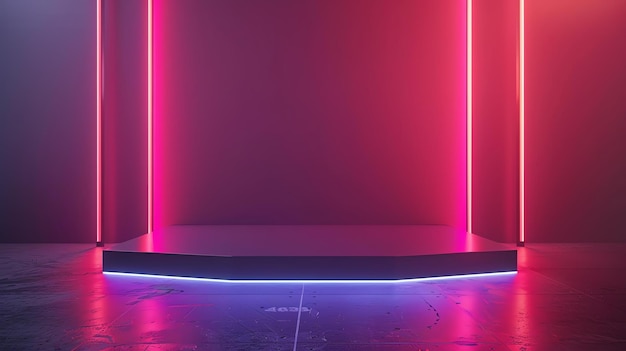 A glowing pink and blue neon stage with a dark background
