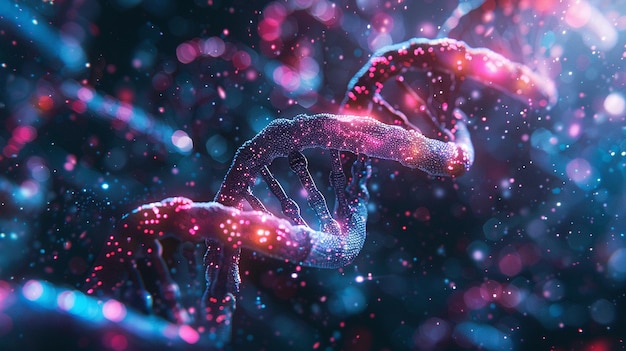 Photo a glowing pink double helix representing dna on a dark blue background