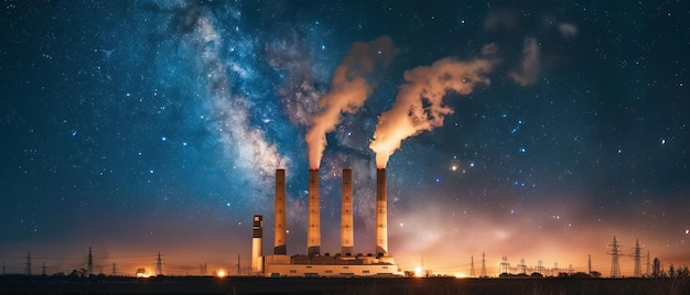 Glowing Power Capturing the Beauty of Smokestacks under a Starry Night Sky