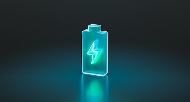 Glowing power neon light futuristic energy storage high capacity rechargeable lithium ion battery 3d rendering of future electric vehicle clean energy technology concept