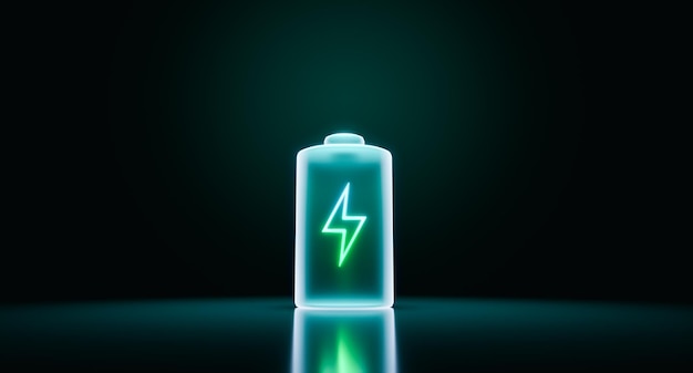 Foto potenza incandescente luce al neon futuristico accumulo di energia batteria ricaricabile agli ioni di litio ad alta capacità rendering 3d del futuro concetto di tecnologia di energia pulita del veicolo elettrico