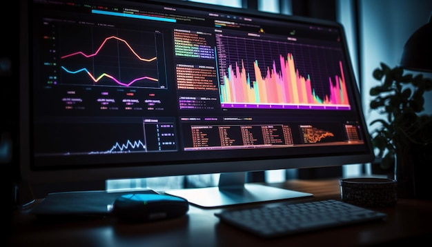 Glowing pulse trace on computer monitor analyzing growth generated by AI